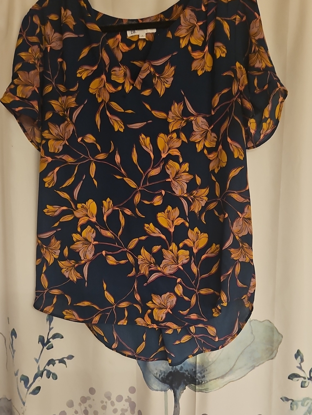 DR2 Navy Floral Short-Sleeve Blouse with Yellow and Pink Flowers